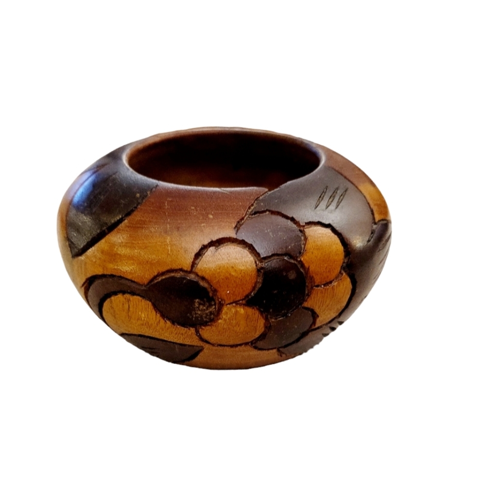 Inlaid Wooden Bowl Vintage Floral Elephant Jungle